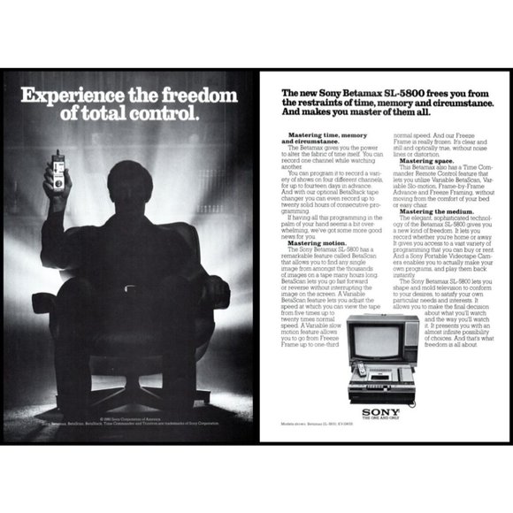 1980 Sony Betamax SL-5800 Total Control 2 Page Vintage Print Ad Beta Wall Art - Picture 1 of 3